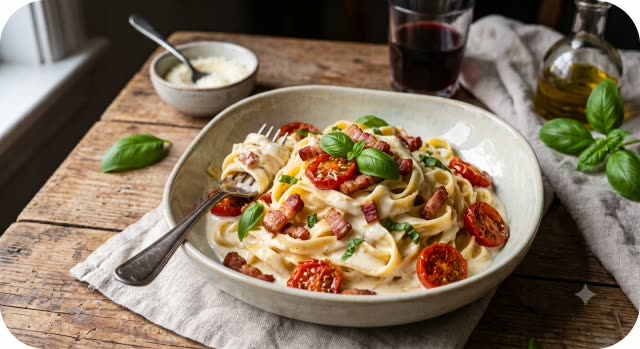 The dish Michaela’s pasta with bacon